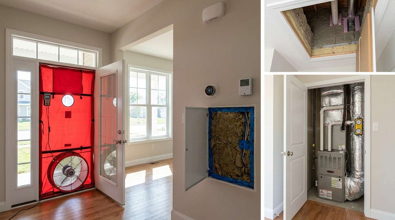 Newly completed energy-efficient suburban home undergoing ENERGY STAR verification with blower door testing equipment, sealed HVAC systems, attic insulation, efficient windows, ventilation systems, and building-performance inspection features visible throughout the property.