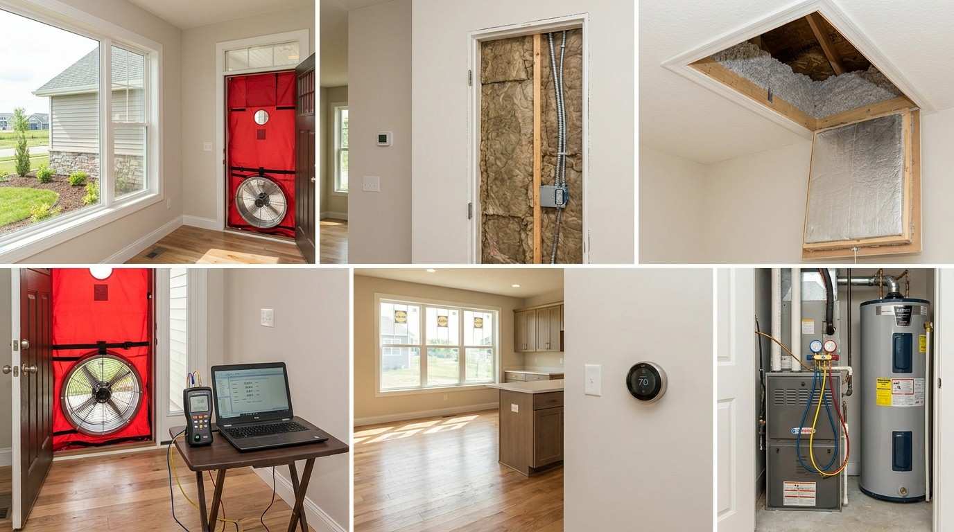 Newly completed energy-efficient suburban home undergoing ENERGY STAR verification with blower door testing equipment, sealed HVAC systems, attic insulation, efficient windows, ventilation systems, and building-performance inspection features visible throughout the property.