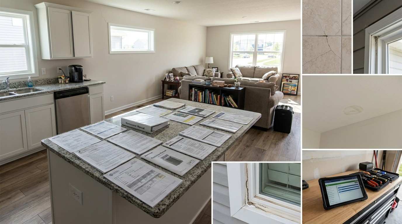 Occupied one-year-old suburban home showing common builder warranty inspection items including drywall cracks, nail pops, grout issues, flooring gaps, caulking shrinkage, drainage concerns, and other first-year settlement-related defects.