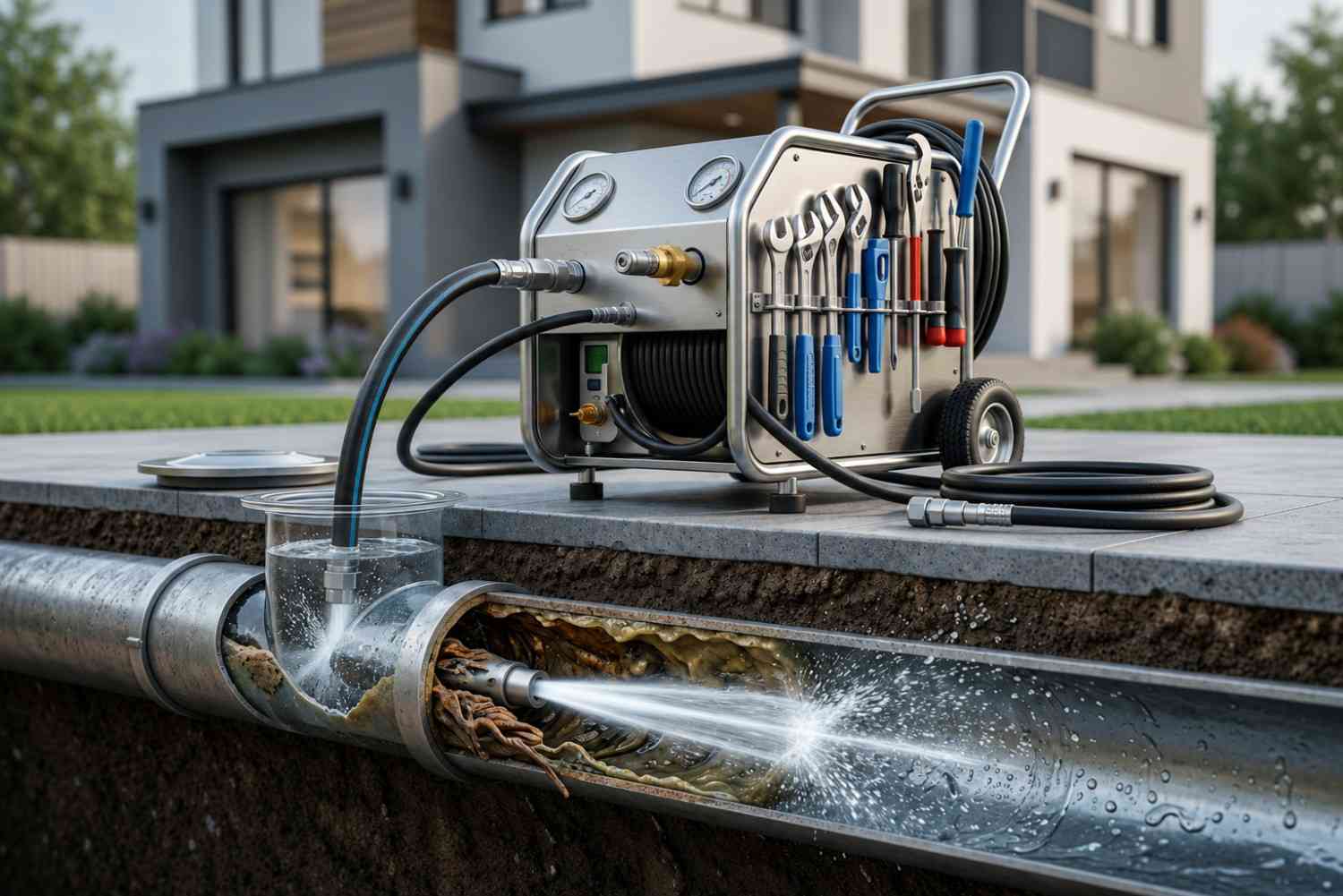 Professional hydro jetting and sewer line cleaning service removing pipe blockages with high-pressure water jet equipment. Features underground drain cleaning, sewer maintenance, root intrusion removal, clogged pipe repair, and preventive plumbing services for residential properties.