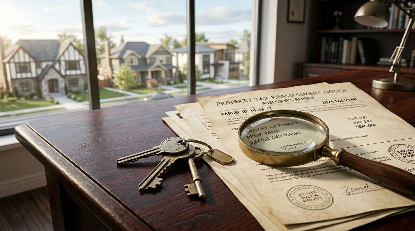 Property tax documents with keys and magnifying glass.