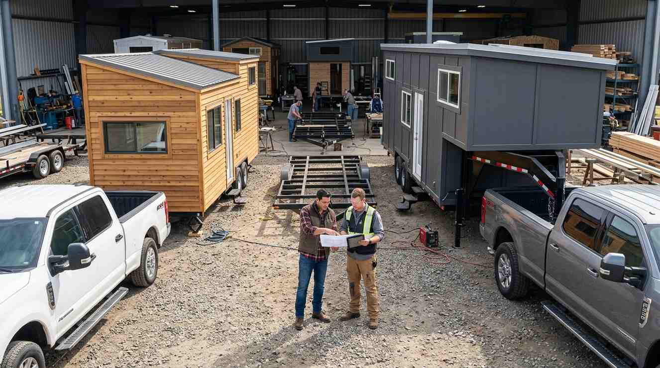 Side-by-side comparison of a bumper pull Tiny House on Wheels and a gooseneck Tiny House on Wheels with a male homeowner and male builder reviewing trailer options in a construction yard.