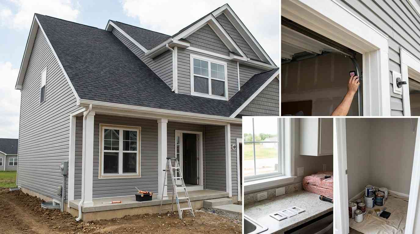Nearly completed suburban home undergoing re-inspection after corrections, showing updated electrical work, insulation, handrails, flashing, plumbing repairs, exterior grading improvements, and other code-compliance fixes before final approval.