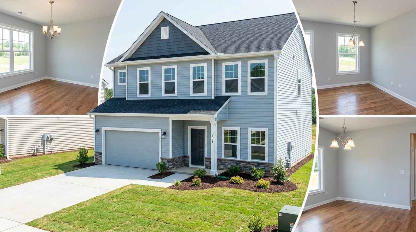 Fully completed suburban home ready for occupancy with finished landscaping, driveway, roofing, interior finishes, utilities connected, safety systems installed, and all construction work completed before homeowner move-in.