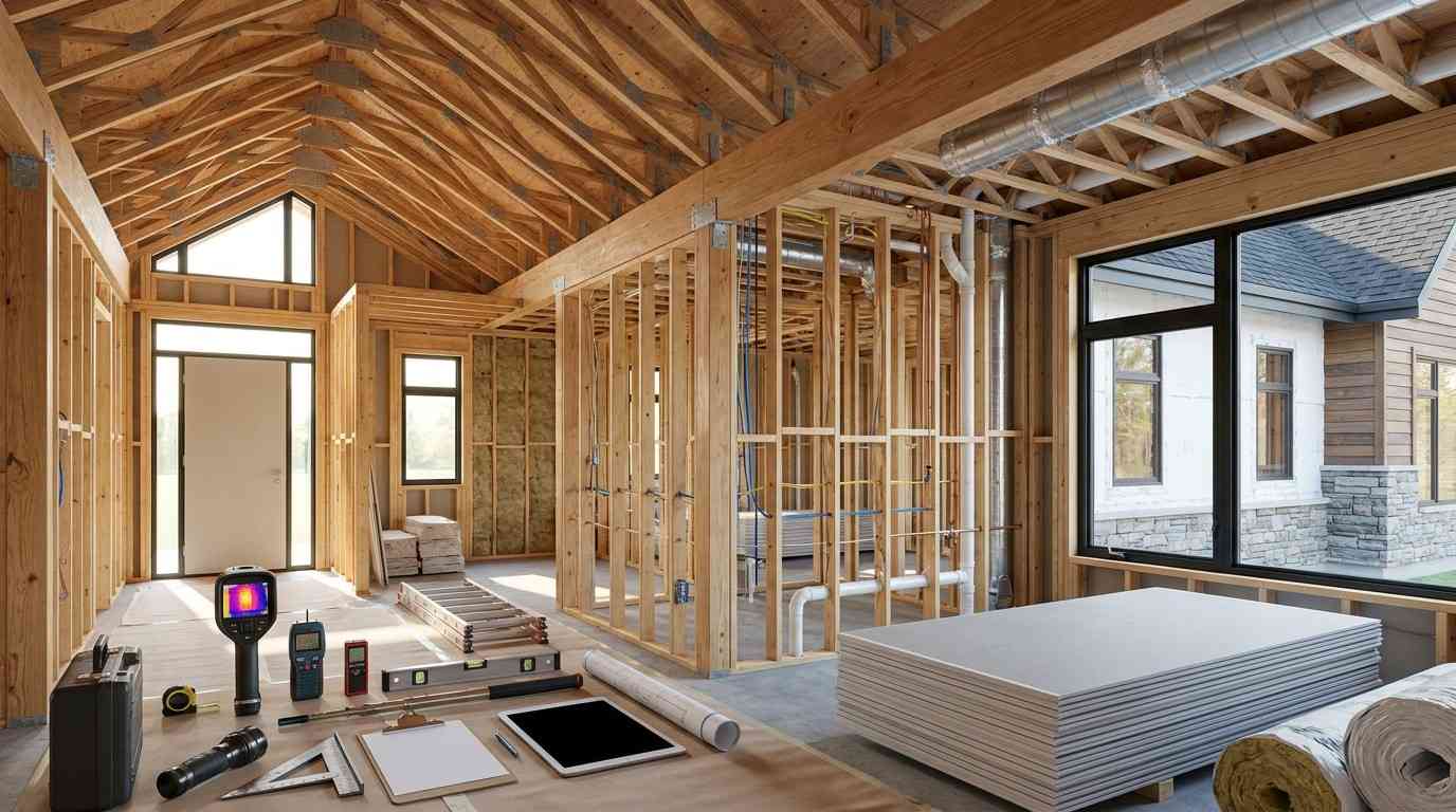 new residential home during pre drywall inspection showing exposed framing electrical wiring plumbing HVAC systems and professional inspection equipment without people