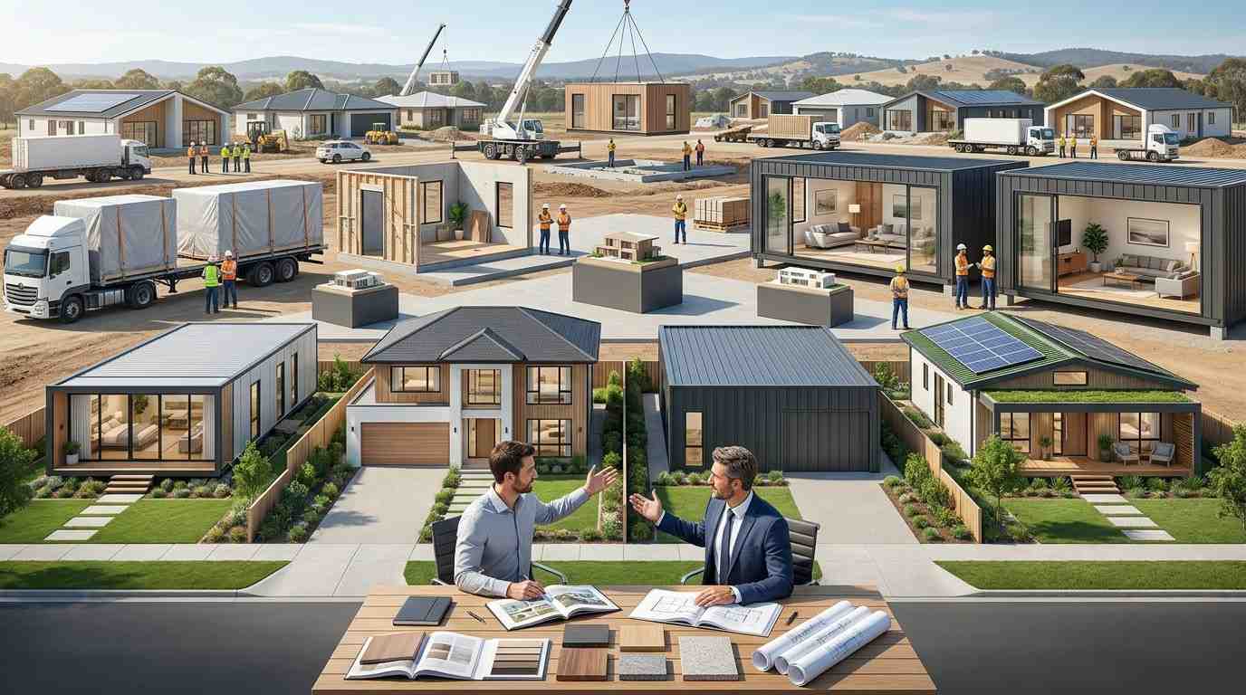 Male homebuyer and male prefab housing consultant comparing premium prefab homes from leading builders in a modern Australian residential development featuring multiple contemporary prefab designs.