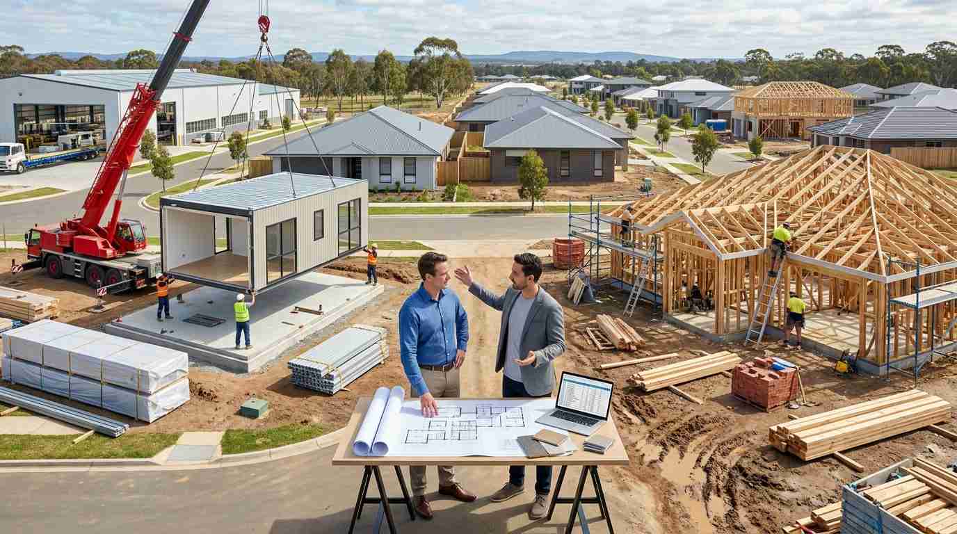 Male homeowner and male architect comparing a factory-built prefab home and a traditionally constructed custom home in an Australian residential development.
