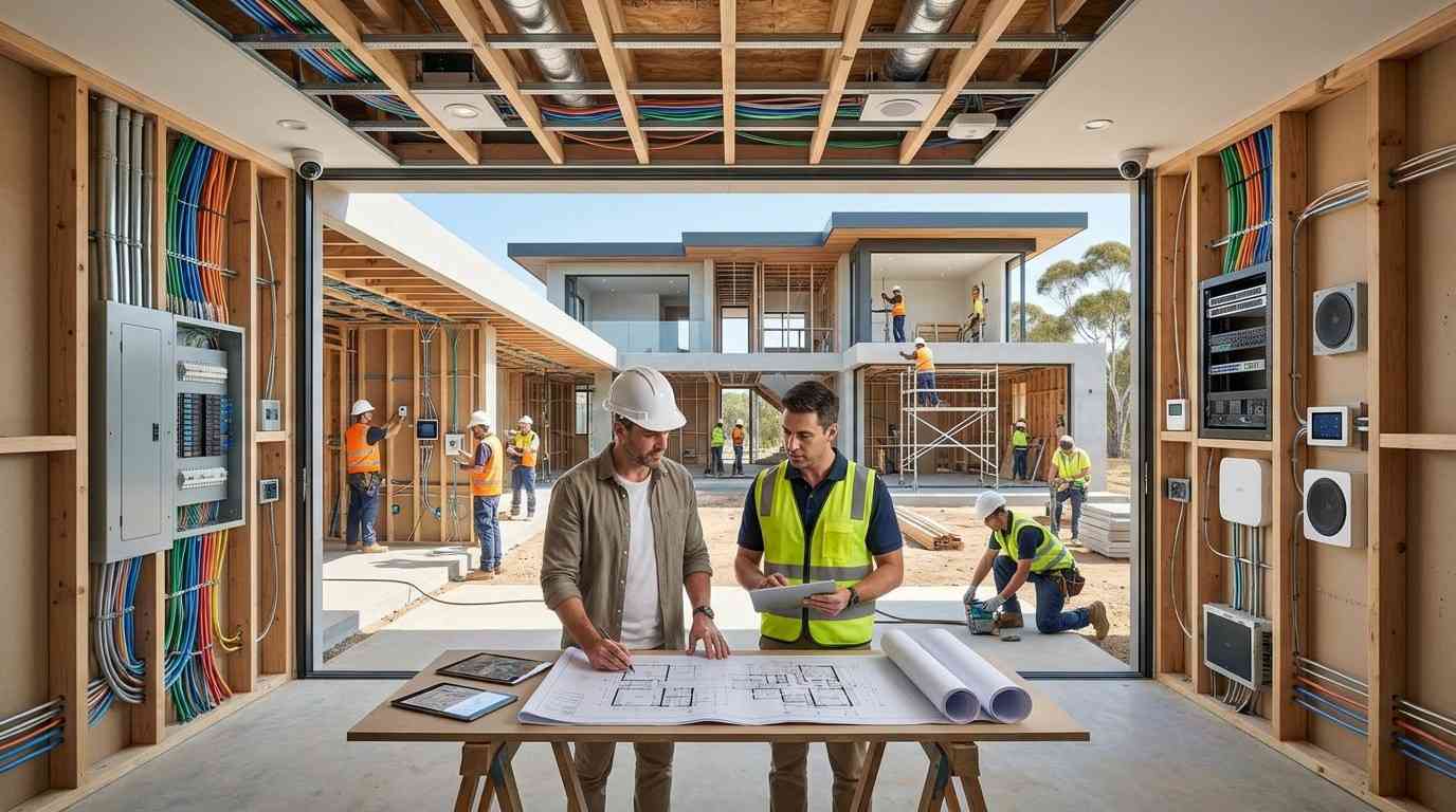 Male homeowner and male smart home specialist reviewing automation plans while integrated wiring, security systems, and smart technology are installed during new home construction.