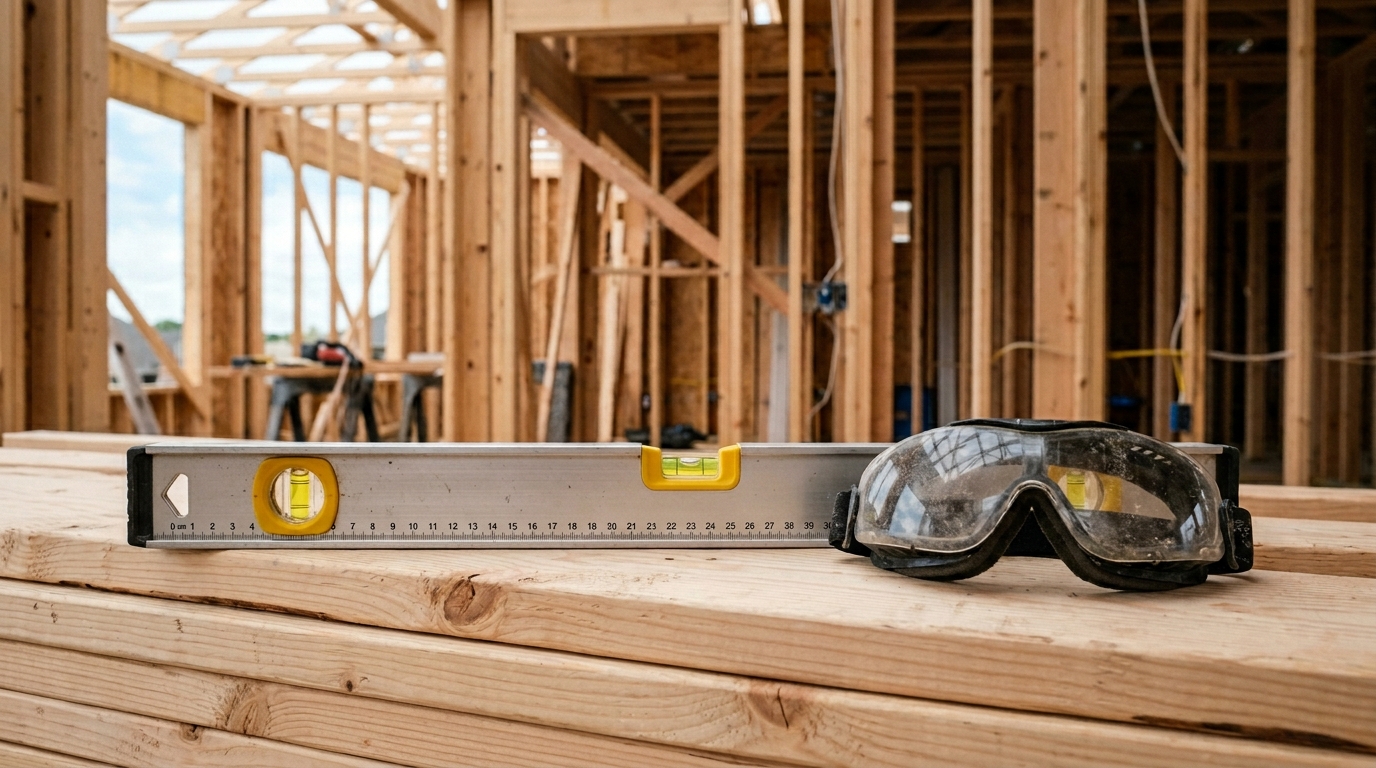 Spirit level and safety goggles at a construction site.