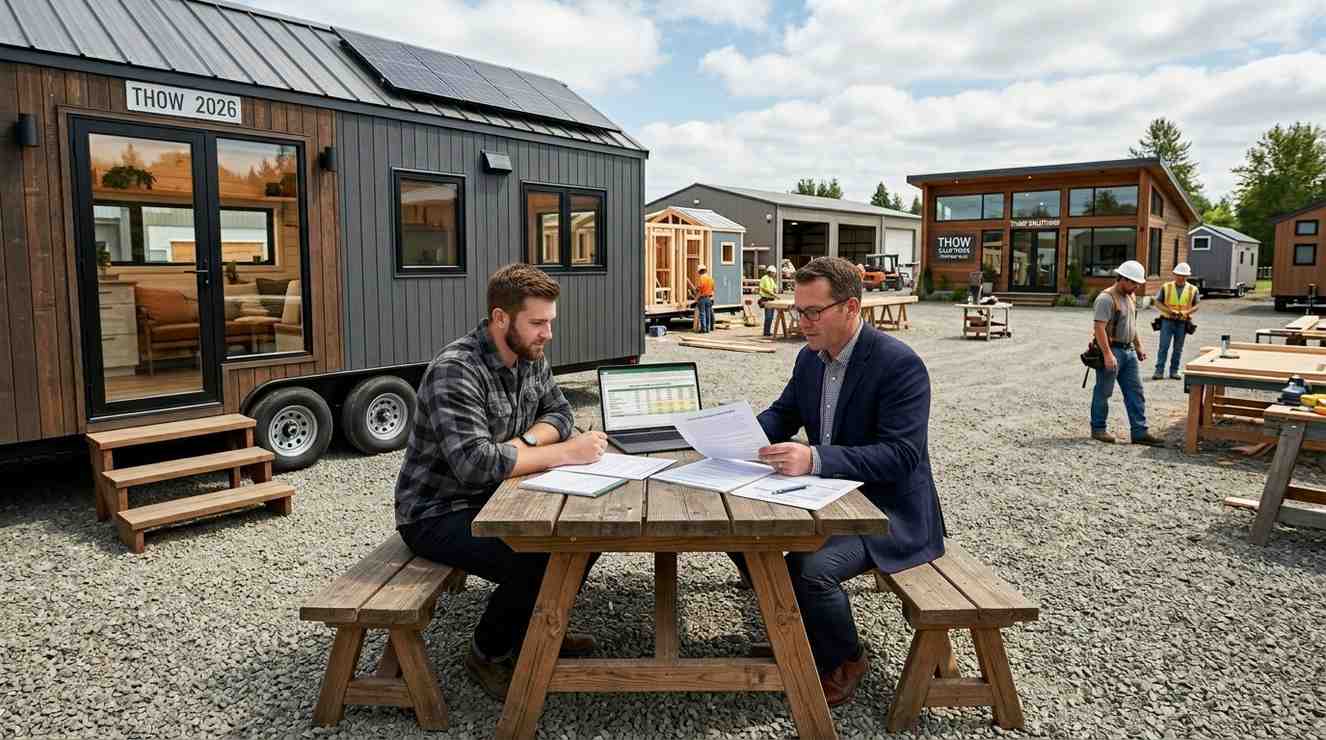 Male THOW buyer and male finance consultant reviewing financing options, loan documents, and construction budgets beside a modern Tiny House on Wheels in a professional consultation setting.