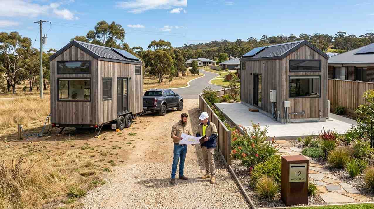 Side-by-side comparison of a Tiny House on Wheels and a tiny house on a permanent foundation in Australia with a male homeowner and male builder reviewing housing plans.