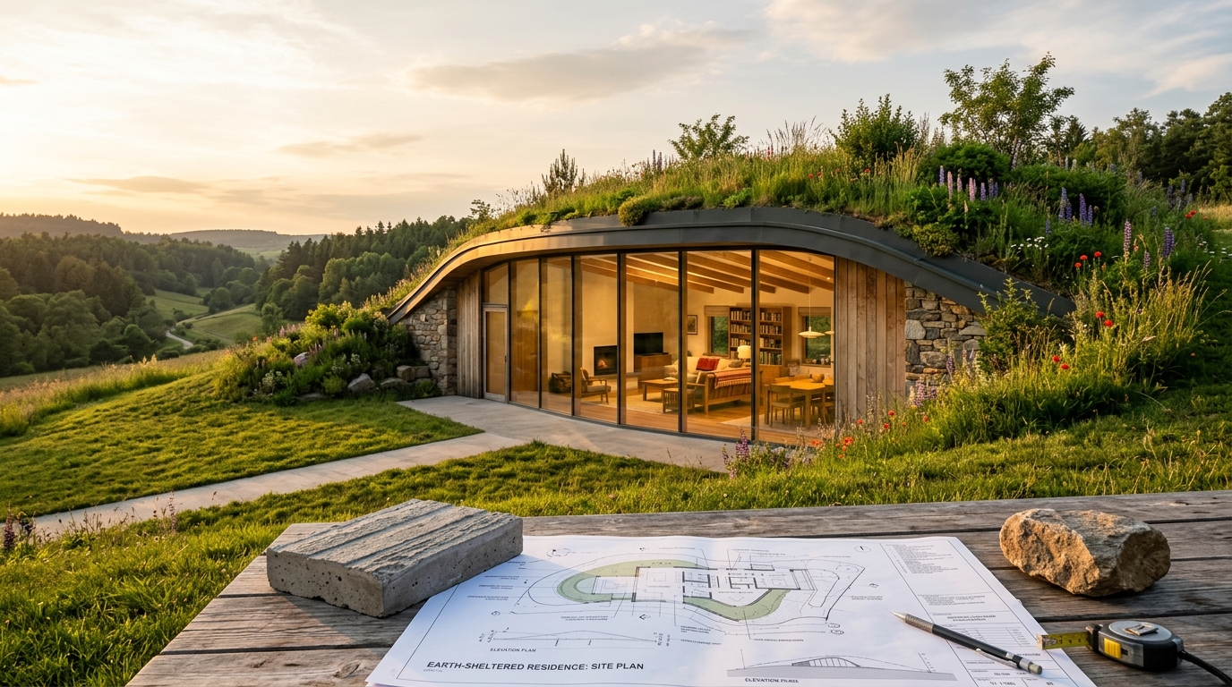 Earth-sheltered hillside home with a green roof and site plans in the foreground.