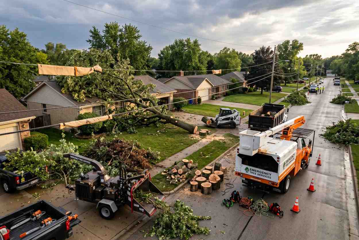 **Alt text:** "Emergency tree services crew removing a large fallen tree from a residential neighborhood after storm damage, using a wood chipper, skid steer, and bucket truck to clear debris from homes and power lines."
