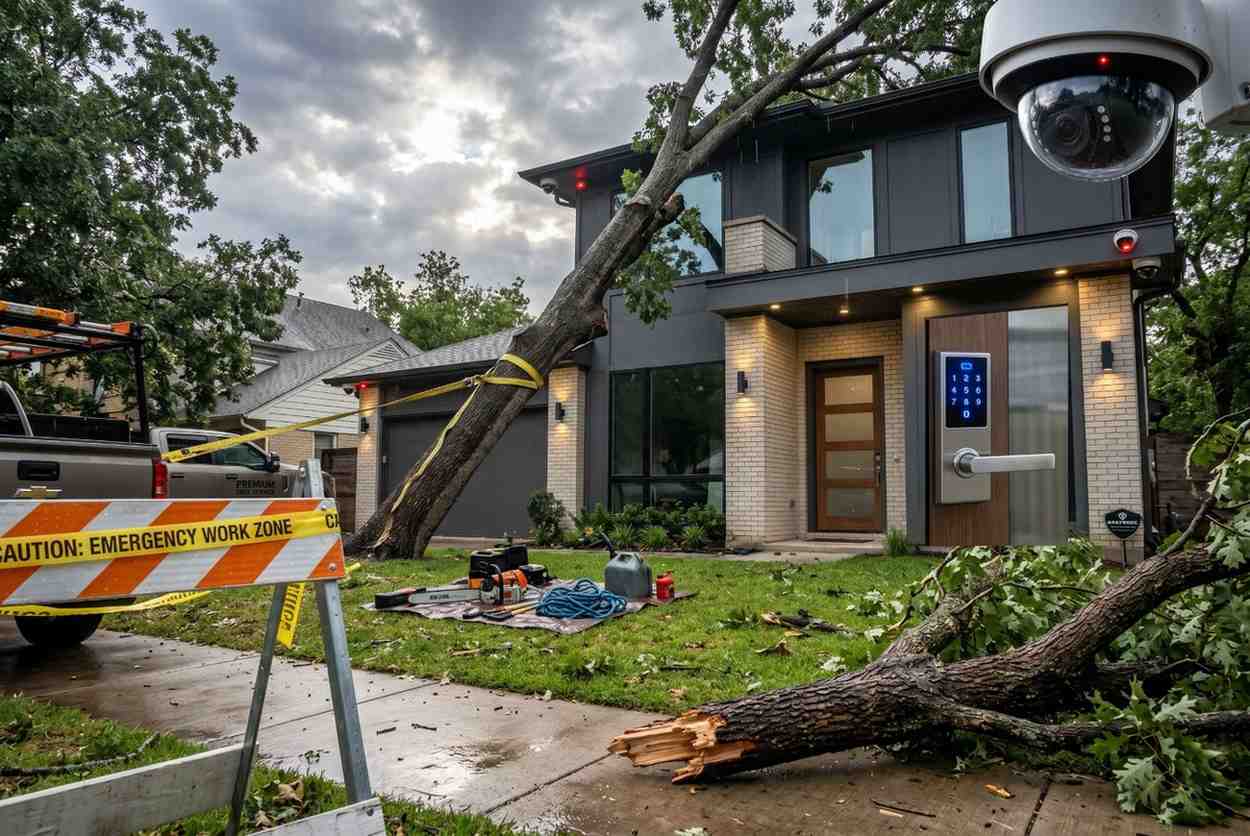 **Alt text:** "Emergency tree removal service responding to a storm-damaged tree leaning against a modern residential home, with caution emergency work zone barrier, tree service truck, and equipment staged for safe hazard tree removal."
