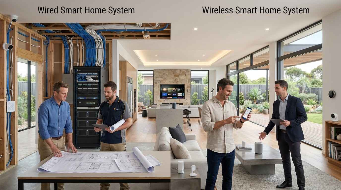 Side-by-side comparison of wired and wireless smart home systems with male homeowners and smart home specialists reviewing automation technology in a modern luxury residence.