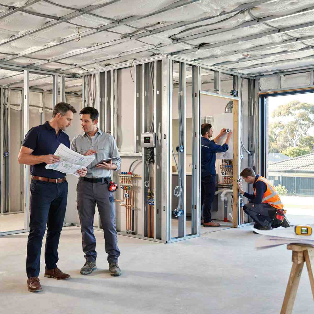 Male homeowner and male smart water management engineer reviewing leak detection sensor network plans while smart water sensors and monitoring devices are installed throughout a luxury home under construction.