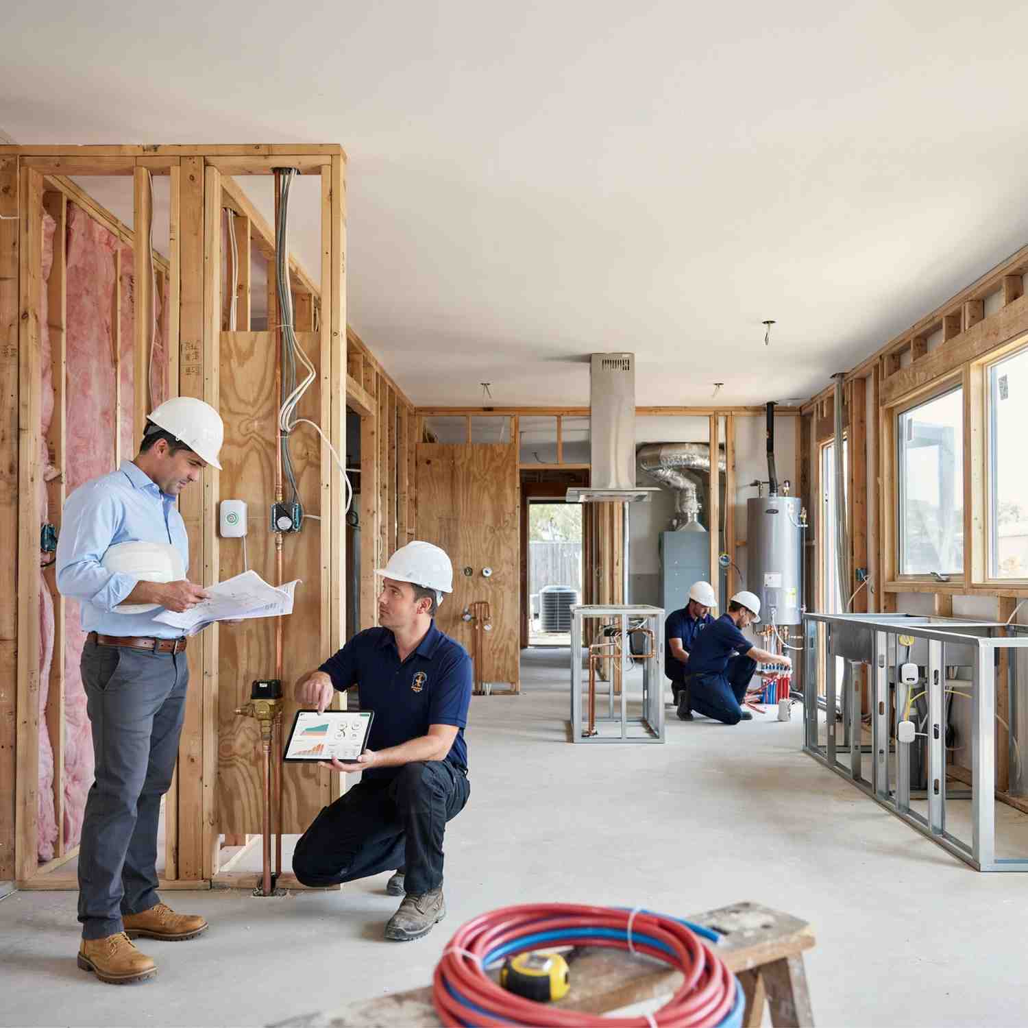 Male homeowner and male smart plumbing specialist reviewing whole-home smart water shutoff plans while leak sensors, automatic shutoff valves, and water monitoring systems are installed in a luxury home under construction.