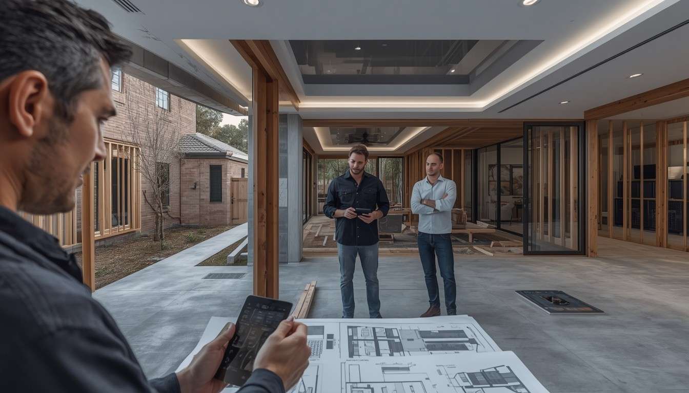 Male homeowner and male smart home integration consultant reviewing technology plans and automation infrastructure while smart lighting, security, networking, audio, and control systems are installed in a luxury new-build home.