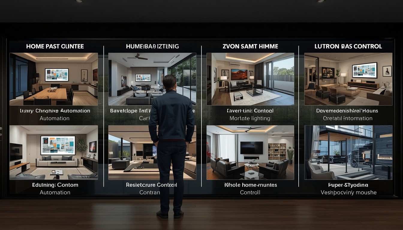 Male homeowner and male smart home systems designer comparing advanced home automation, lighting control, security, entertainment, and climate systems within a luxury modern smart home.