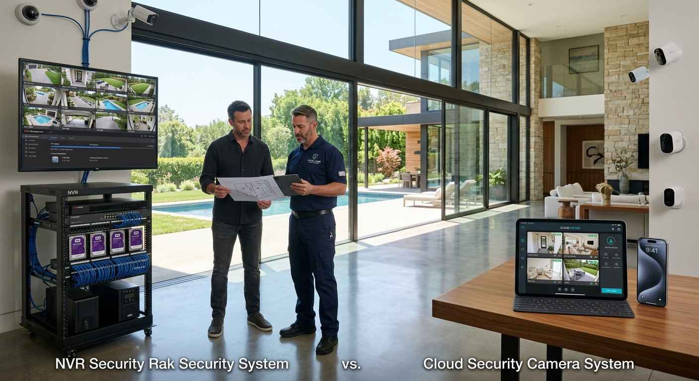 Side-by-side comparison of NVR and cloud security camera systems with male homeowners and security specialists reviewing surveillance infrastructure, camera networks, and smart home security technology in a luxury residence.
