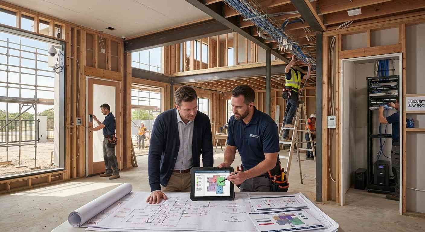 Male homeowner and male smart security consultant reviewing whole-home security plans while cameras, access control systems, alarm sensors, and surveillance infrastructure are installed during luxury home construction.