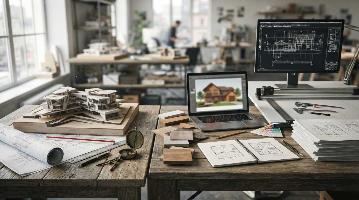 Architectural workspace with house models, digital building plans, material samples, blueprints, and design tools comparing architects, home designers, and drafting professionals.