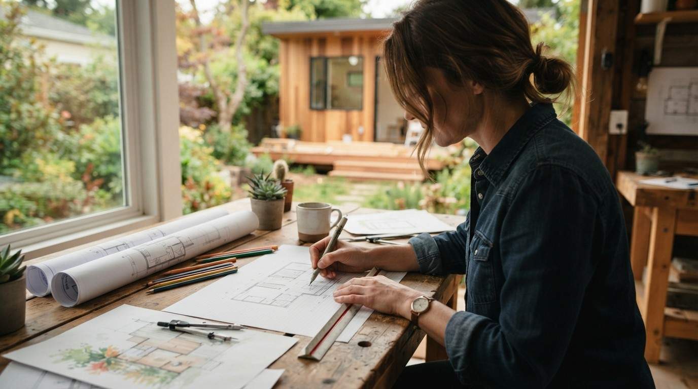 Designer sketching ADU floor plans at a workbench with architectural drawings, overlooking a modern backyard accessory dwelling unit surrounded by landscaped gardens.