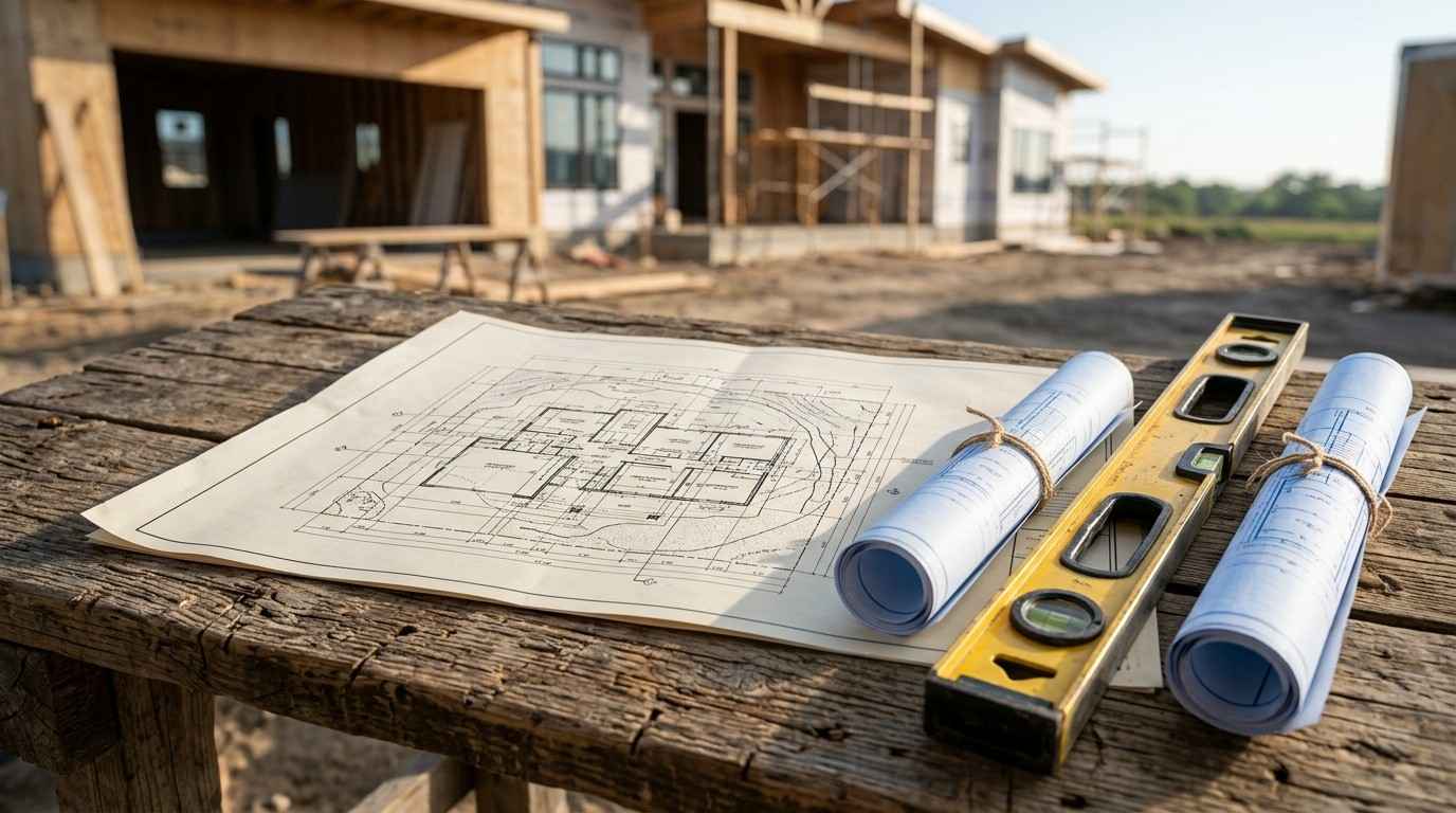 Blueprints and a level at a residential construction site.