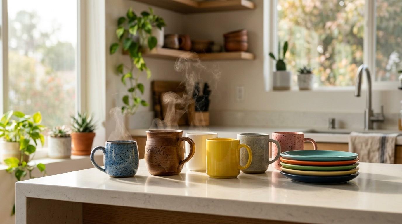 Six steaming coffee mugs and a stack of colorful plates arranged on a bright kitchen island with indoor plants and natural light.