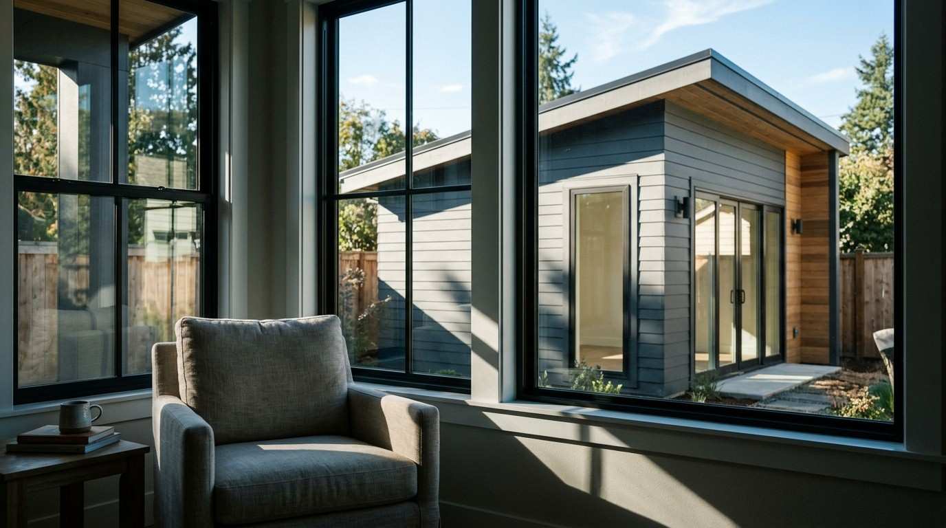 View from inside a home overlooking a backyard ADU through large windows, illustrating how an accessory dwelling unit can affect sunlight, views, and residential privacy.