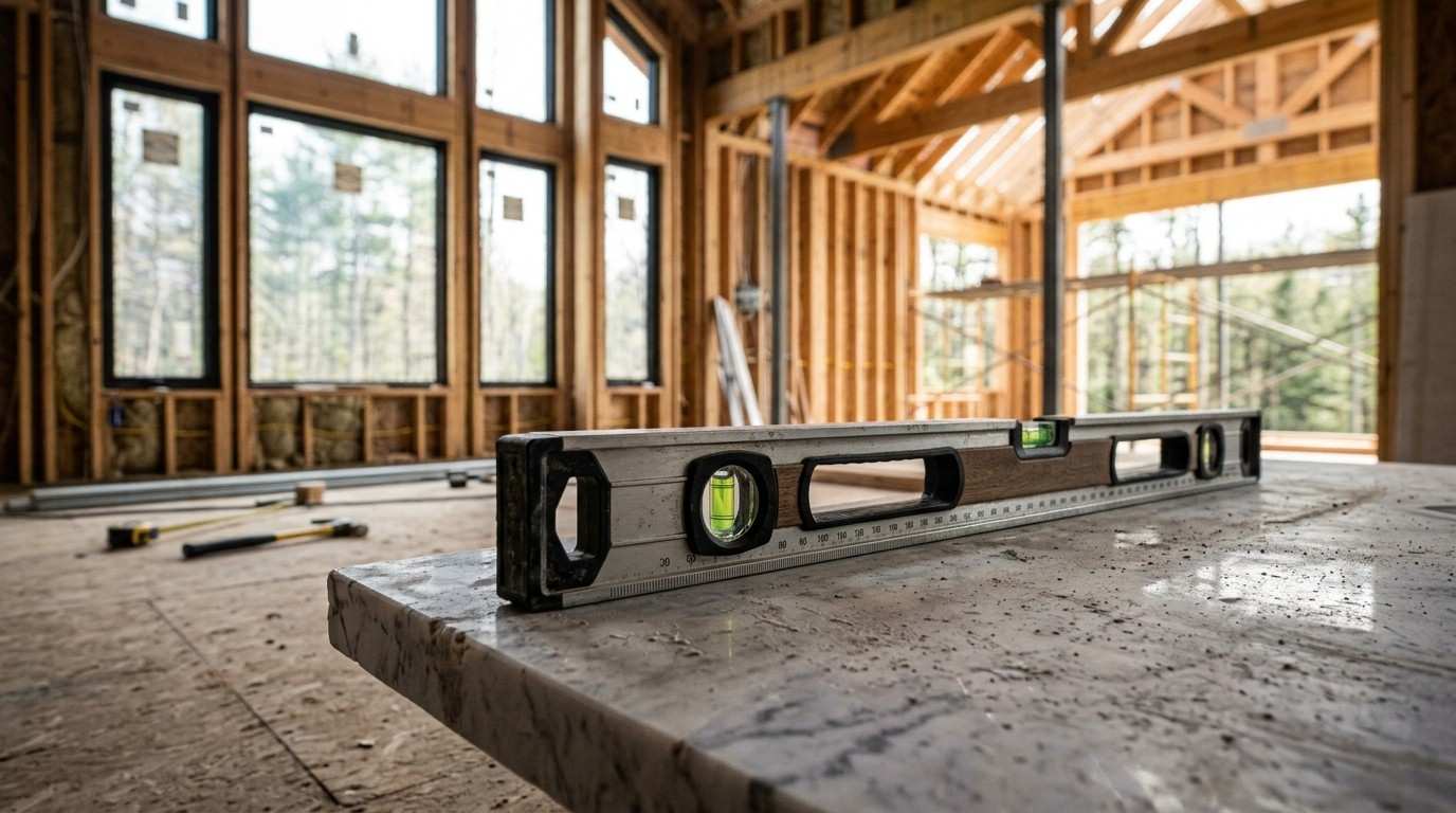Spirit level on a home construction site.