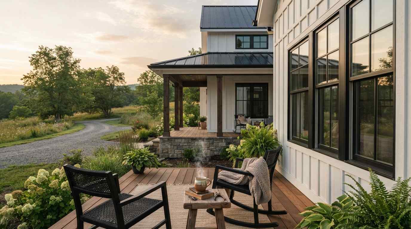 Modern farmhouse exterior with a covered front porch, rocking chairs, black-framed windows, white board-and-batten siding, and landscaped gardens at sunset.