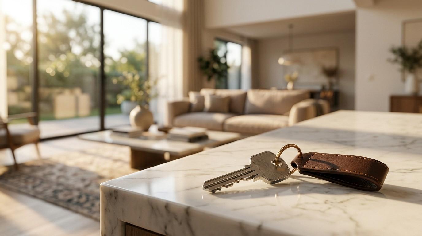 House key with a leather keychain resting on a marble kitchen countertop in a modern home.