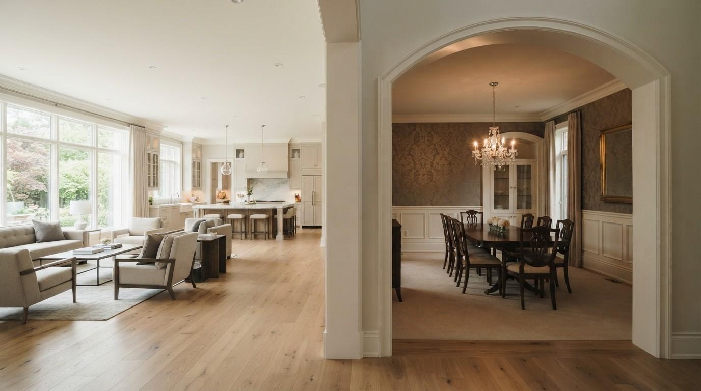 Side-by-side comparison of an open-concept living and kitchen area with a traditional formal dining room separated by an arched doorway.