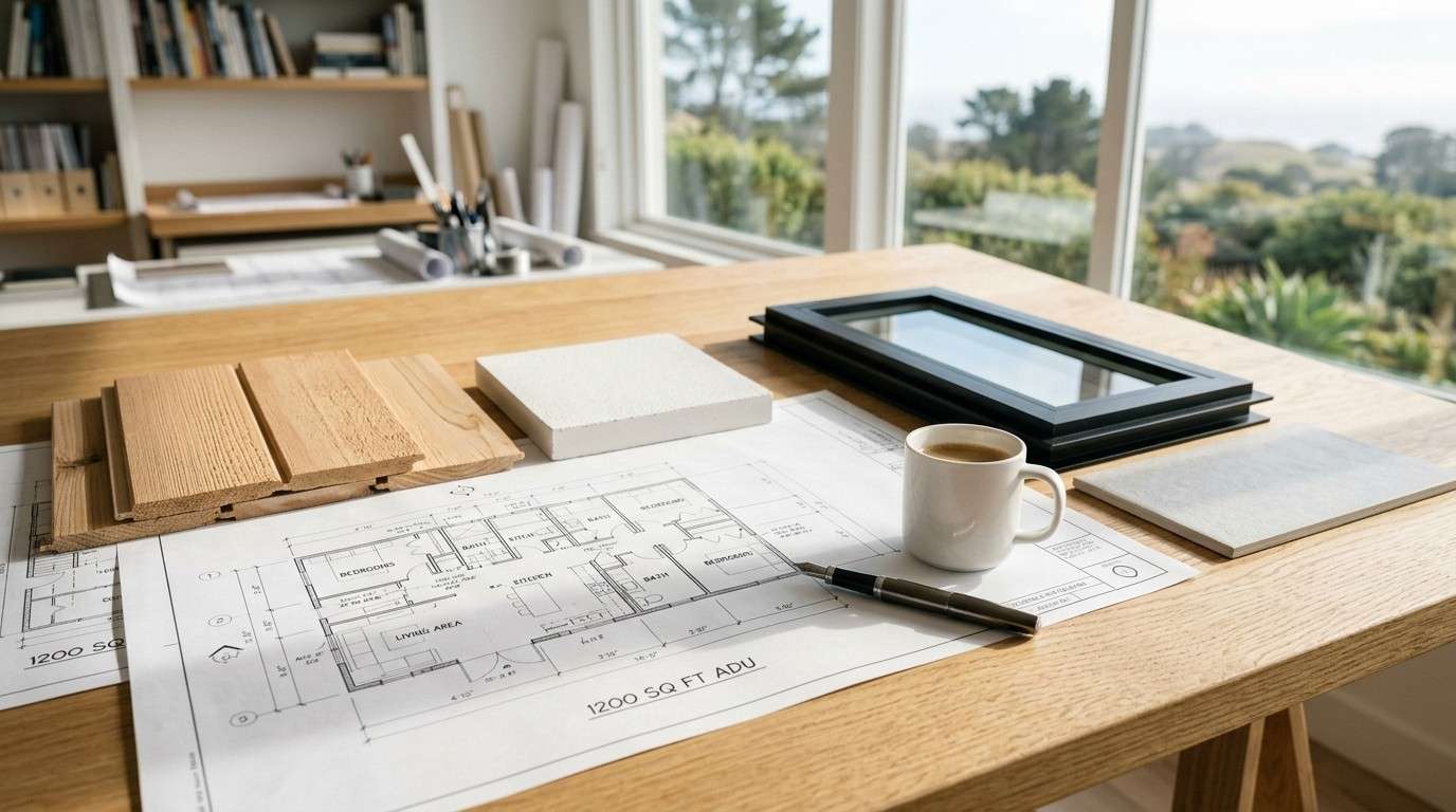 Architectural ADU floor plans with wood, tile, insulation, and window frame samples, plus a coffee cup and pen on a drafting desk for accessory dwelling unit planning.