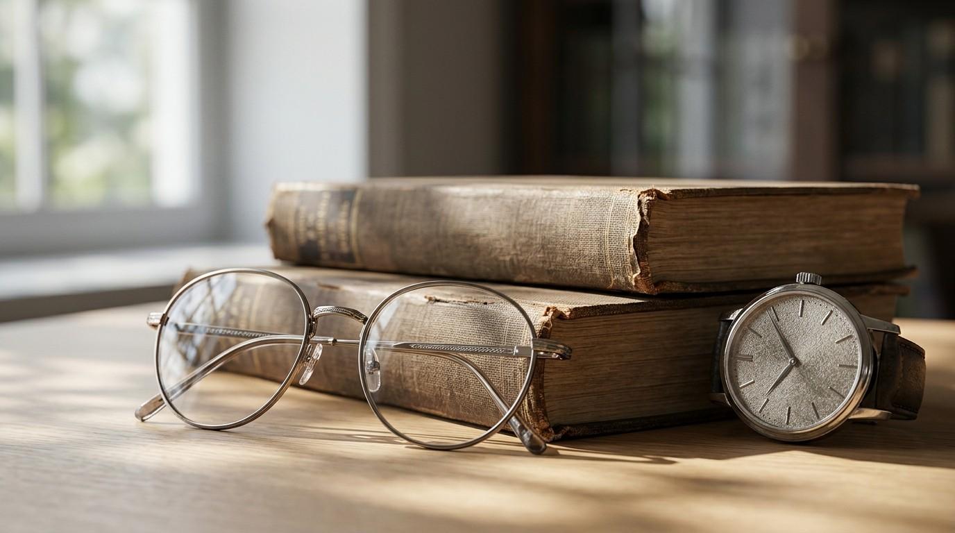 Vintage books, round eyeglasses, and a wristwatch arranged on a wooden desk, symbolizing timeless knowledge, planning, and experience.