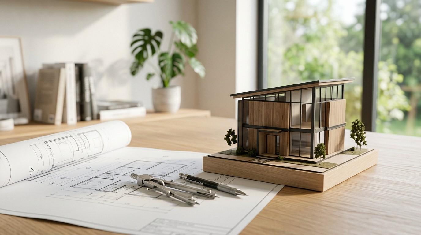 Architectural model, blueprints, and drafting tools displayed on a desk, representing the home design and planning phase before construction or renovation.