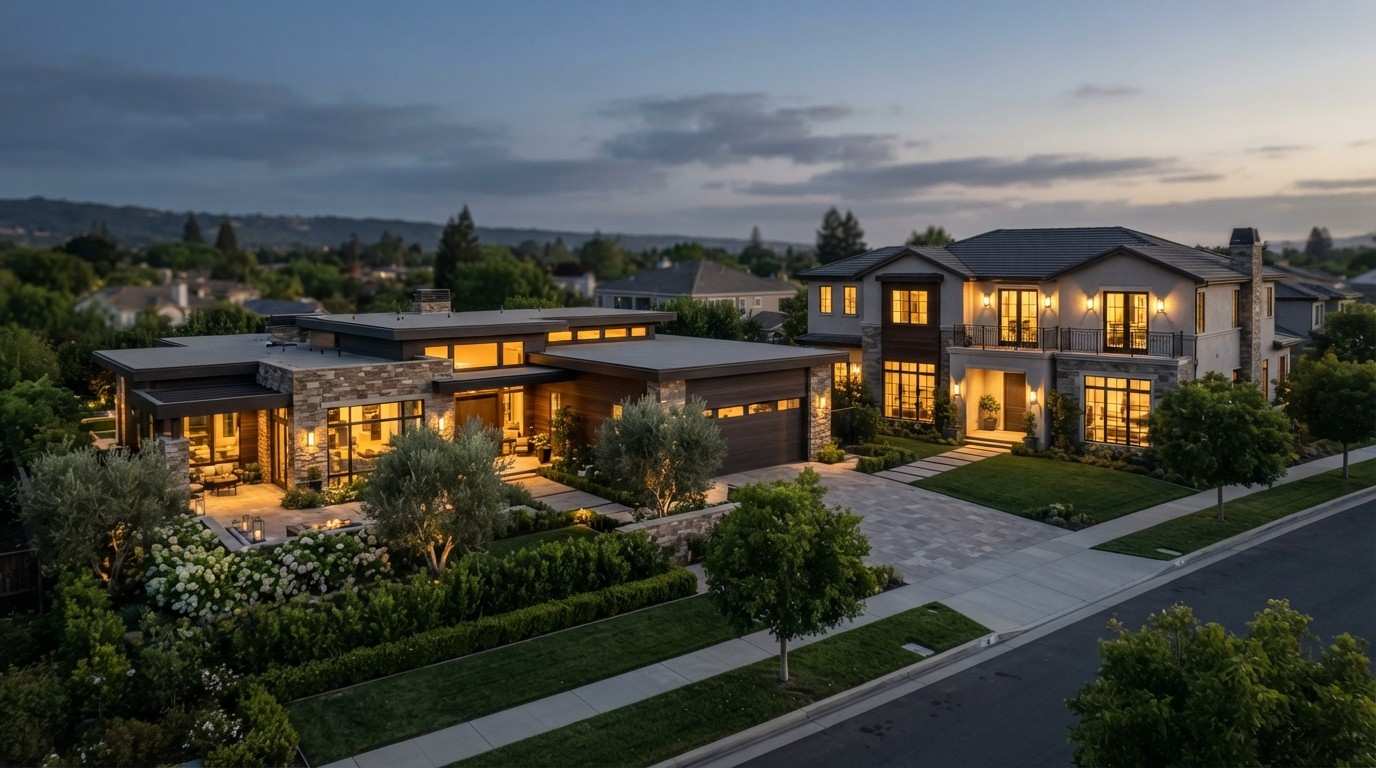 Side-by-side comparison of a modern single-story home and a traditional two-story house with landscaped yards, highlighting different residential home styles.