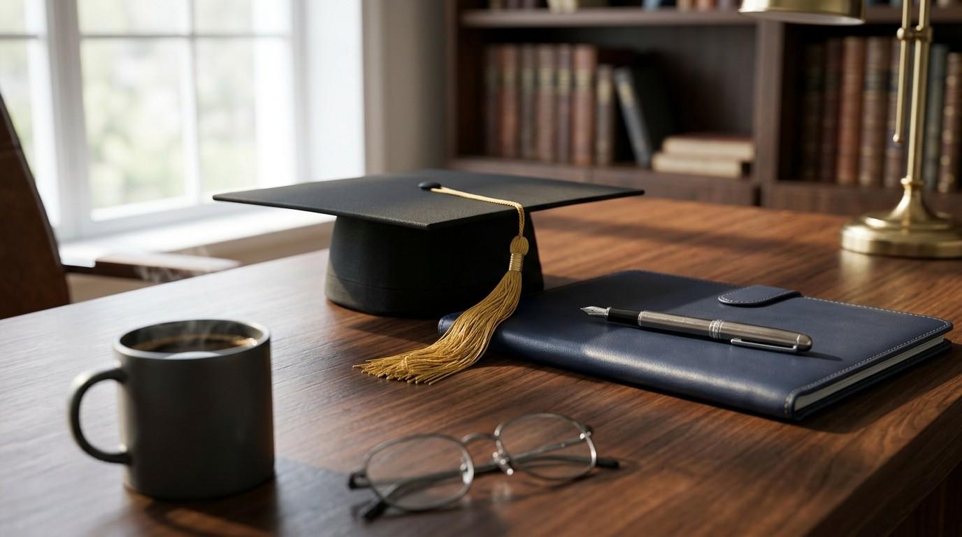Graduation cap, notebook, fountain pen, coffee mug, and eyeglasses arranged on a wooden desk in a home office, symbolizing academic achievement and future planning.