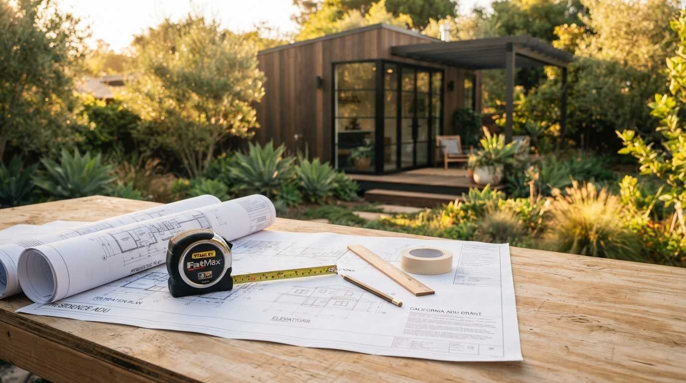 Architectural blueprints, measuring tape, and drafting tools on a worktable with a modern backyard ADU under construction in the background.