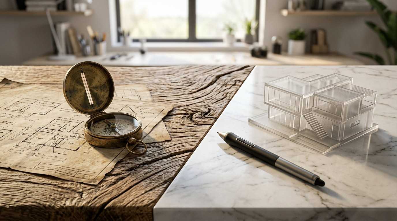 Compass, vintage blueprints, architectural model, and digital design tools displayed on a split wood and marble workspace.