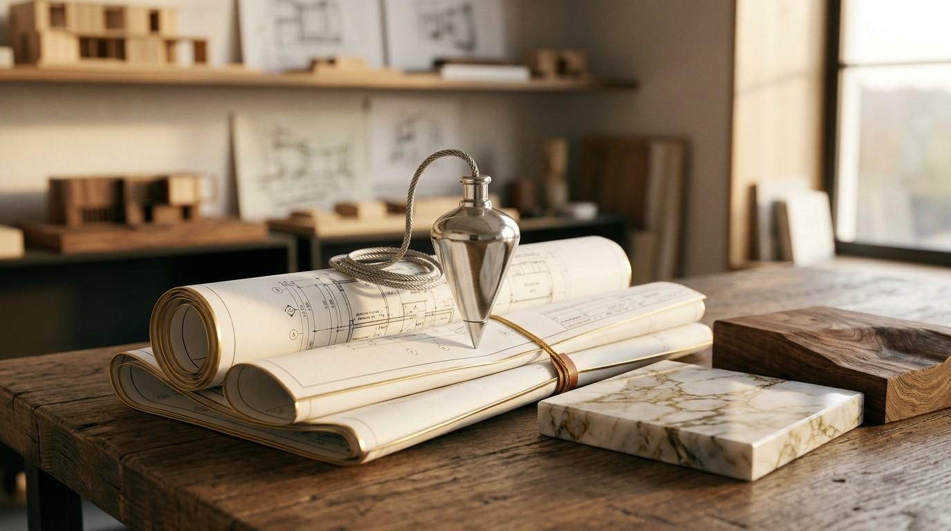 Silver plumb bob resting on rolled architectural blueprints beside marble and wood material samples in a design studio.