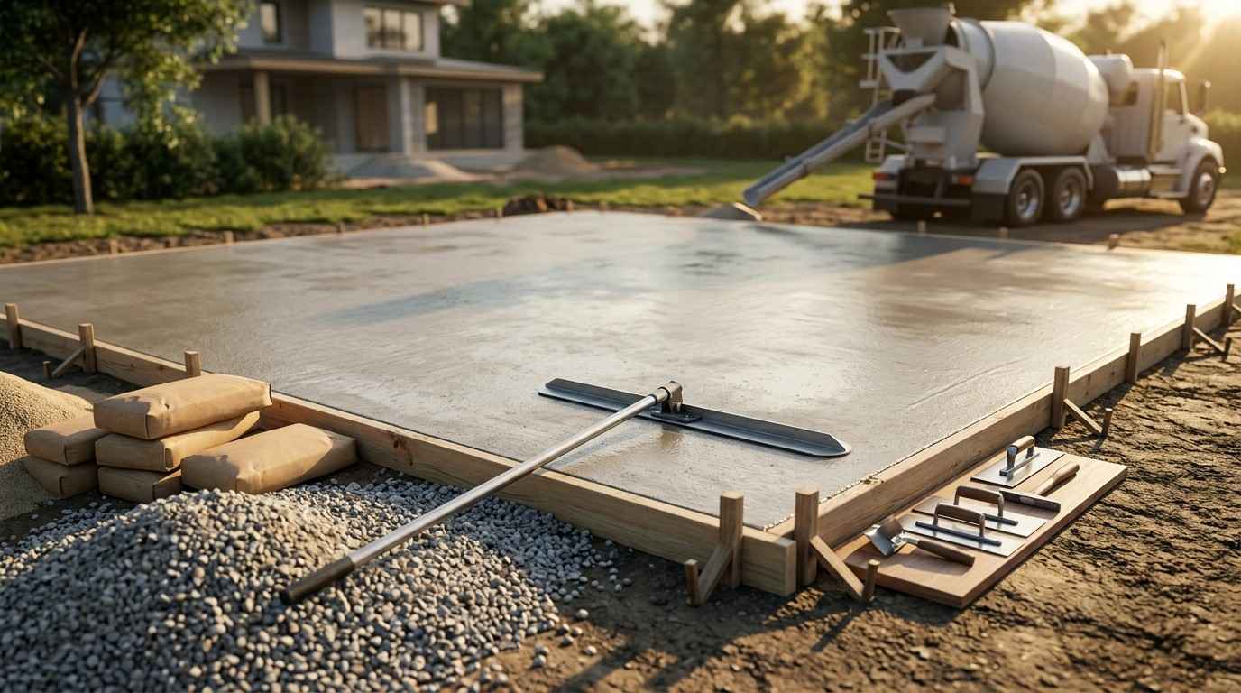 Freshly poured concrete slab foundation with finishing tools, construction materials, and a cement mixer truck at a residential building site.