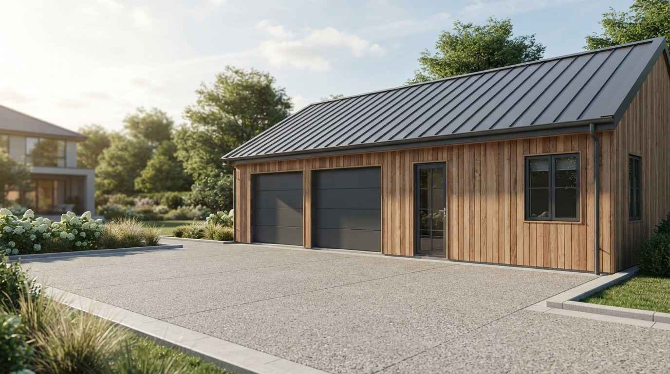 Modern detached garage with wood siding, a standing seam metal roof, two black garage doors, and a spacious concrete driveway surrounded by landscaped greenery.