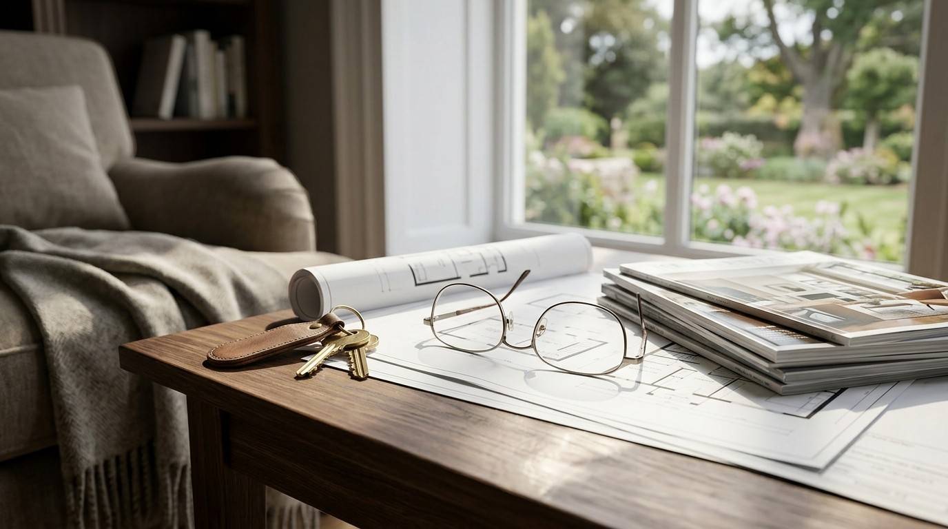 House plans, home design magazines, eyeglasses, and house keys on a table beside a comfortable chair, representing thoughtful home buying and retirement planning.