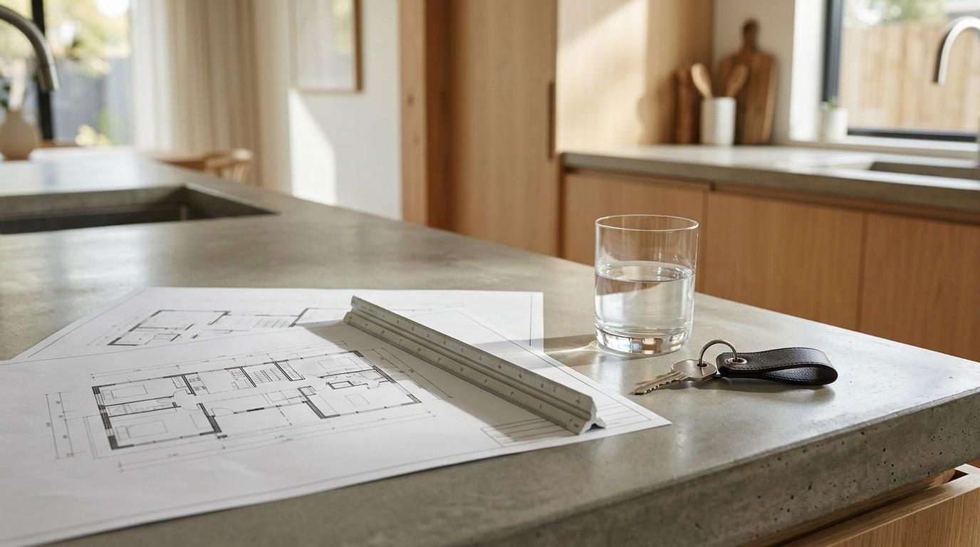 Floor plans, an architect's scale ruler, and a house key on a modern kitchen island, representing home design, planning, and new home ownership.