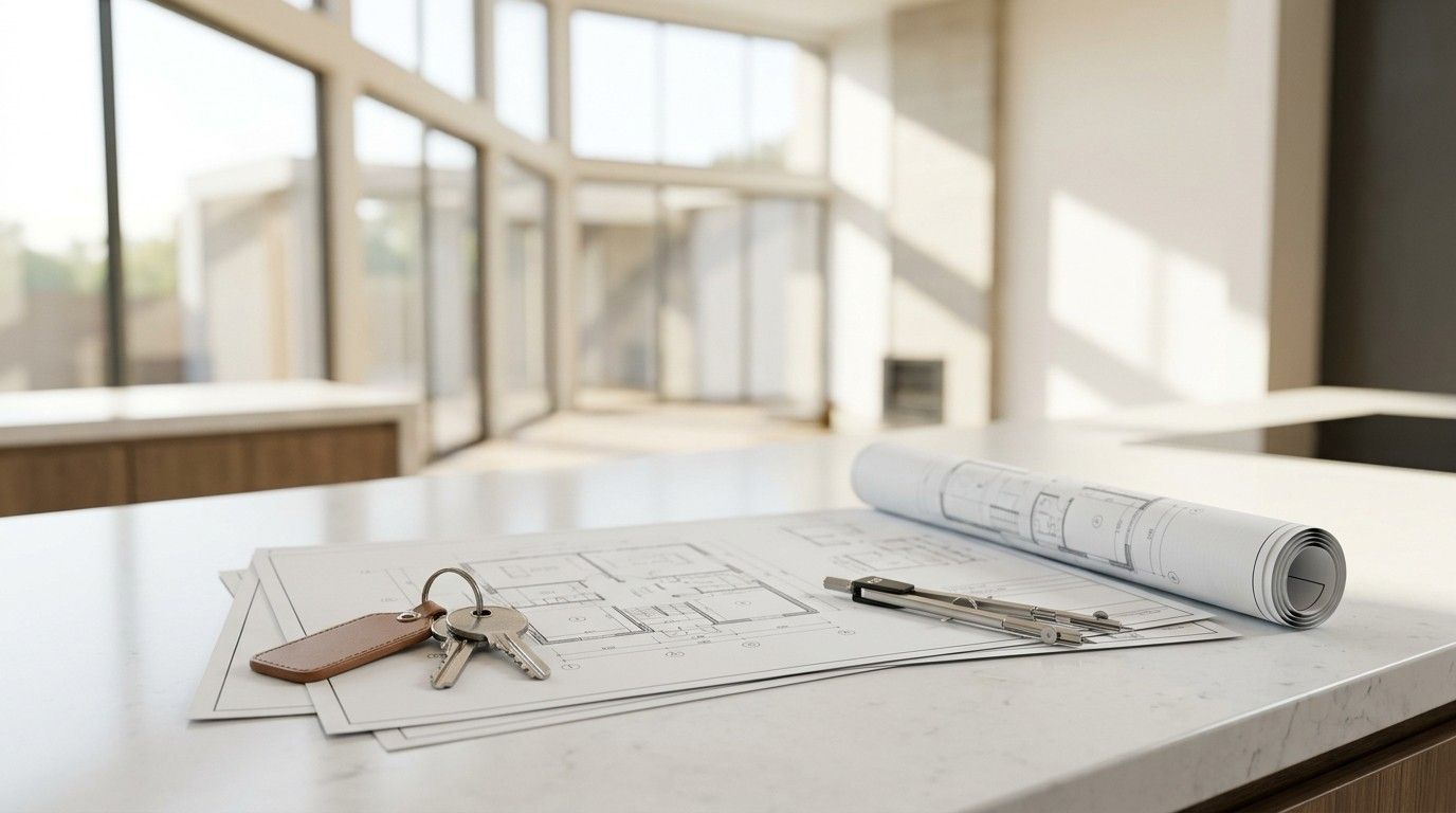 Architectural plans, drafting tools, and house keys placed on a kitchen island in a modern home, representing home design, construction planning, and project completion.