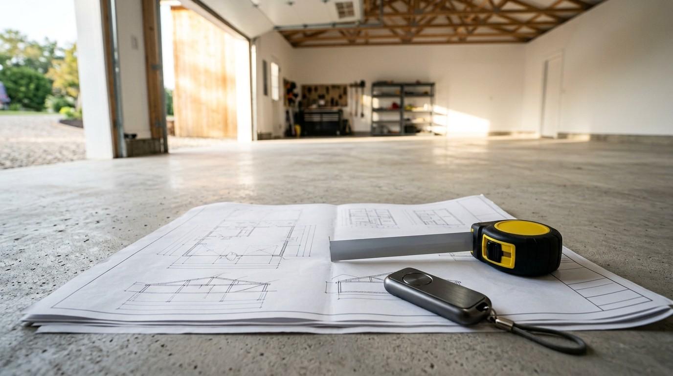 Blueprints, a tape measure, and a garage door remote on a concrete garage floor, representing garage planning, construction, and renovation preparation.