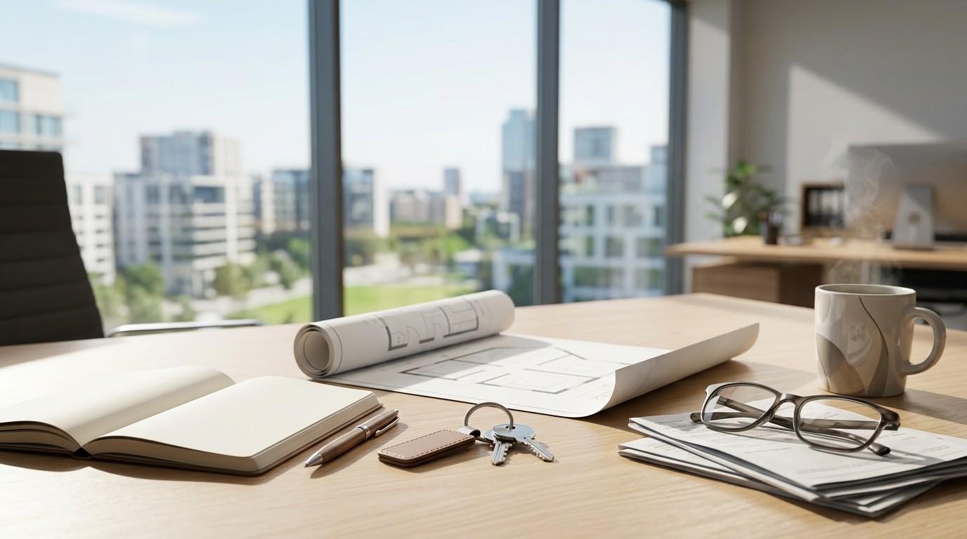 Home buying workspace with house plans, notebook, keys, eyeglasses, and a coffee mug on a desk overlooking a city skyline, representing real estate planning and property decisions.
