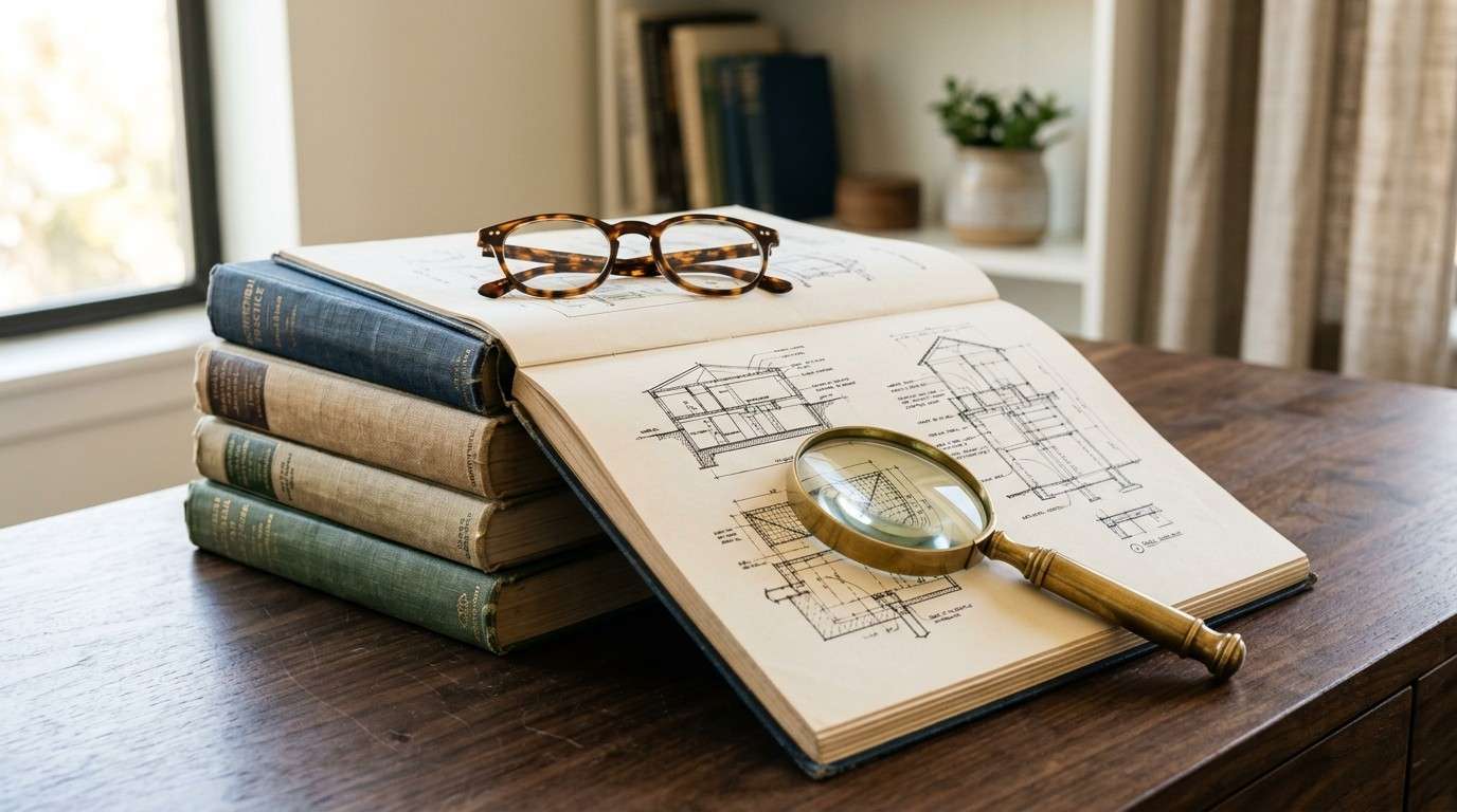 Architecture books and plans with a magnifying glass.